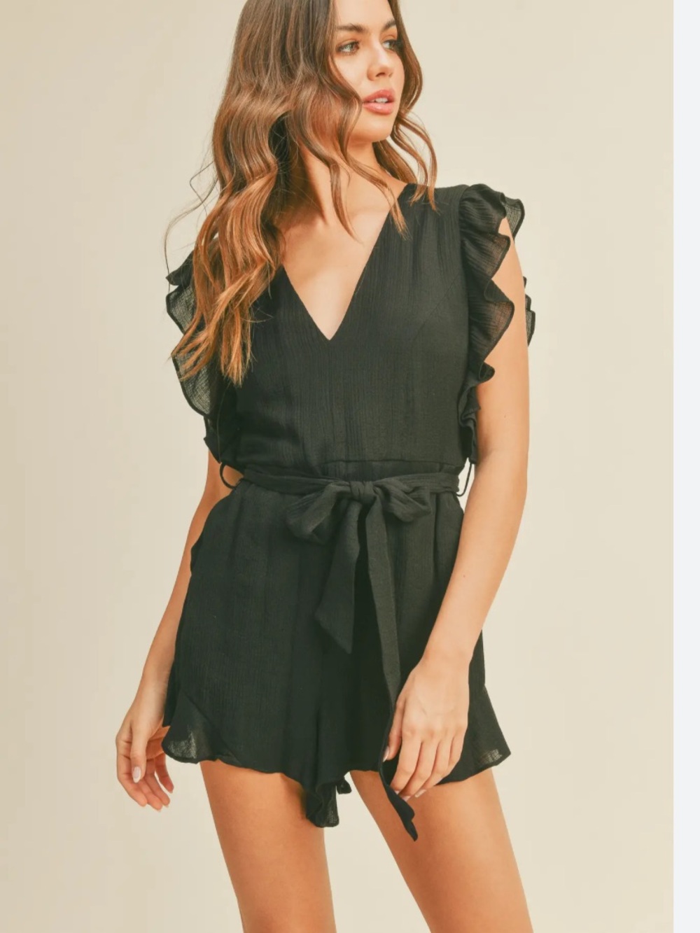 Black V-Neck Ruffle Romper with Tie Waist